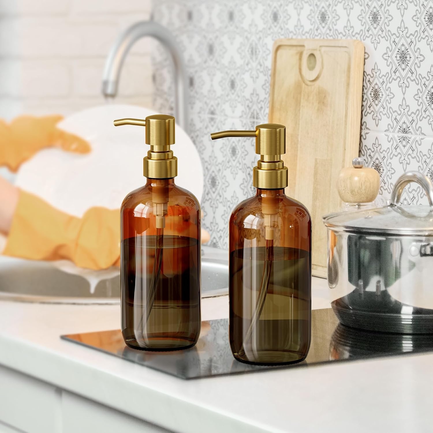 image:imageAmazerBath Soap Dispenser 2 Pack Green Glass Soap Dispenser with Pump Stainless Steel 142OZ Luxury Gold Hand Soap Bottles Bathroom KitchenAmber Gold