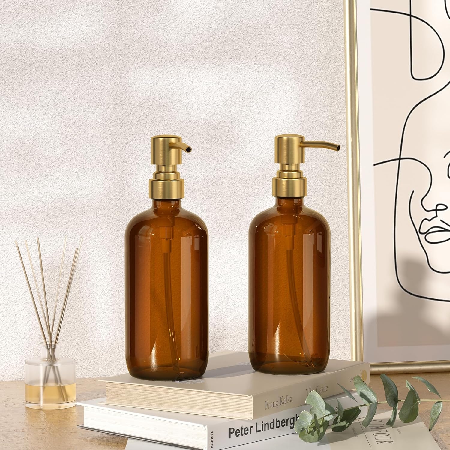 image:imageAmazerBath Soap Dispenser 2 Pack Green Glass Soap Dispenser with Pump Stainless Steel 142OZ Luxury Gold Hand Soap Bottles Bathroom KitchenAmber Gold