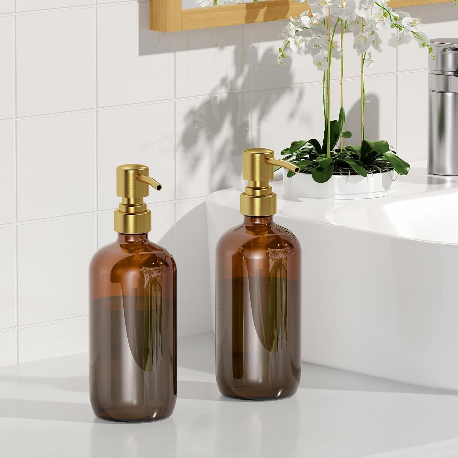 image:imageAmazerBath Soap Dispenser 2 Pack Green Glass Soap Dispenser with Pump Stainless Steel 142OZ Luxury Gold Hand Soap Bottles Bathroom KitchenAmber Gold