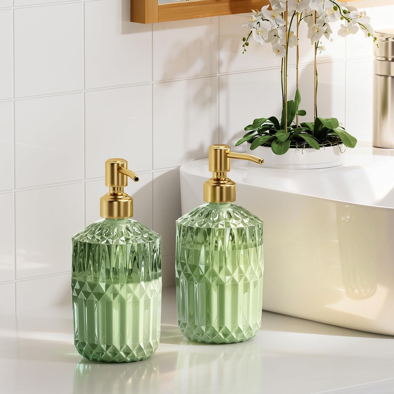 image:imageAmazerBath Soap Dispenser 2 Pack Green Glass Soap Dispenser with Pump Stainless Steel 142OZ Luxury Gold Hand Soap Bottles Bathroom KitchenGreen Gold 1 Pack