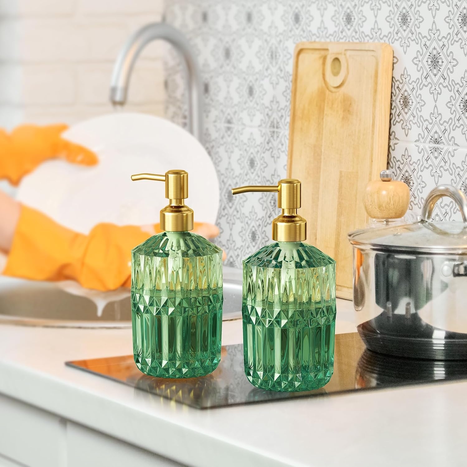 image:imageAmazerBath Soap Dispenser 2 Pack Green Glass Soap Dispenser with Pump Stainless Steel 142OZ Luxury Gold Hand Soap Bottles Bathroom KitchenGreen Gold 1 Pack