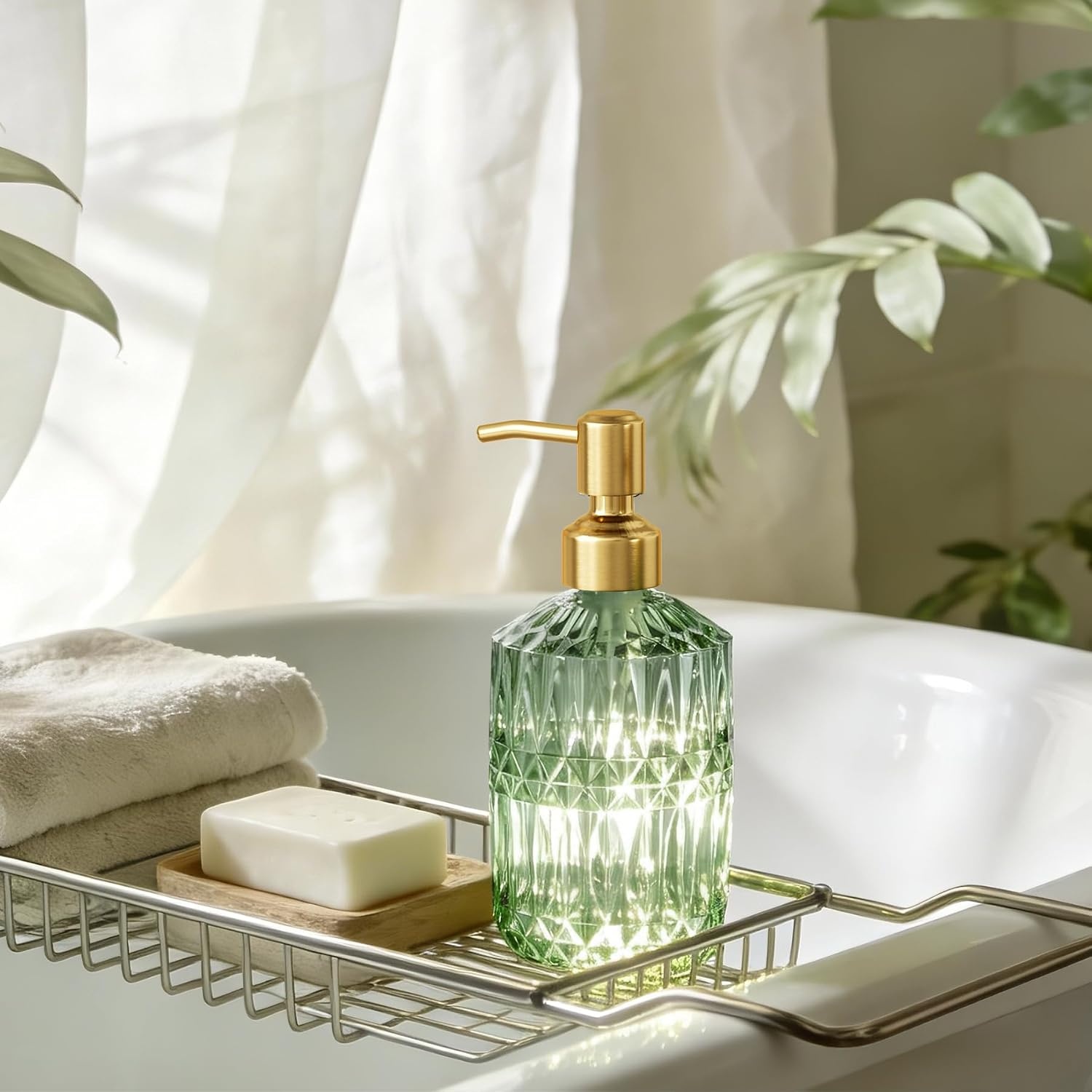 image:imageAmazerBath Soap Dispenser 2 Pack Green Glass Soap Dispenser with Pump Stainless Steel 142OZ Luxury Gold Hand Soap Bottles Bathroom KitchenGreen Gold 1 Pack