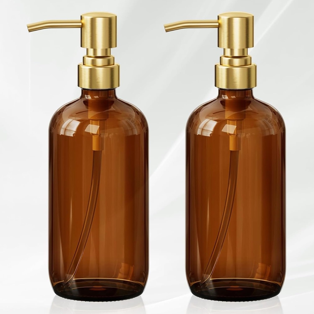 image:imageAmazerBath Soap Dispenser 2 Pack Green Glass Soap Dispenser with Pump Stainless Steel 142OZ Luxury Gold Hand Soap Bottles Bathroom KitchenAmber  Gold