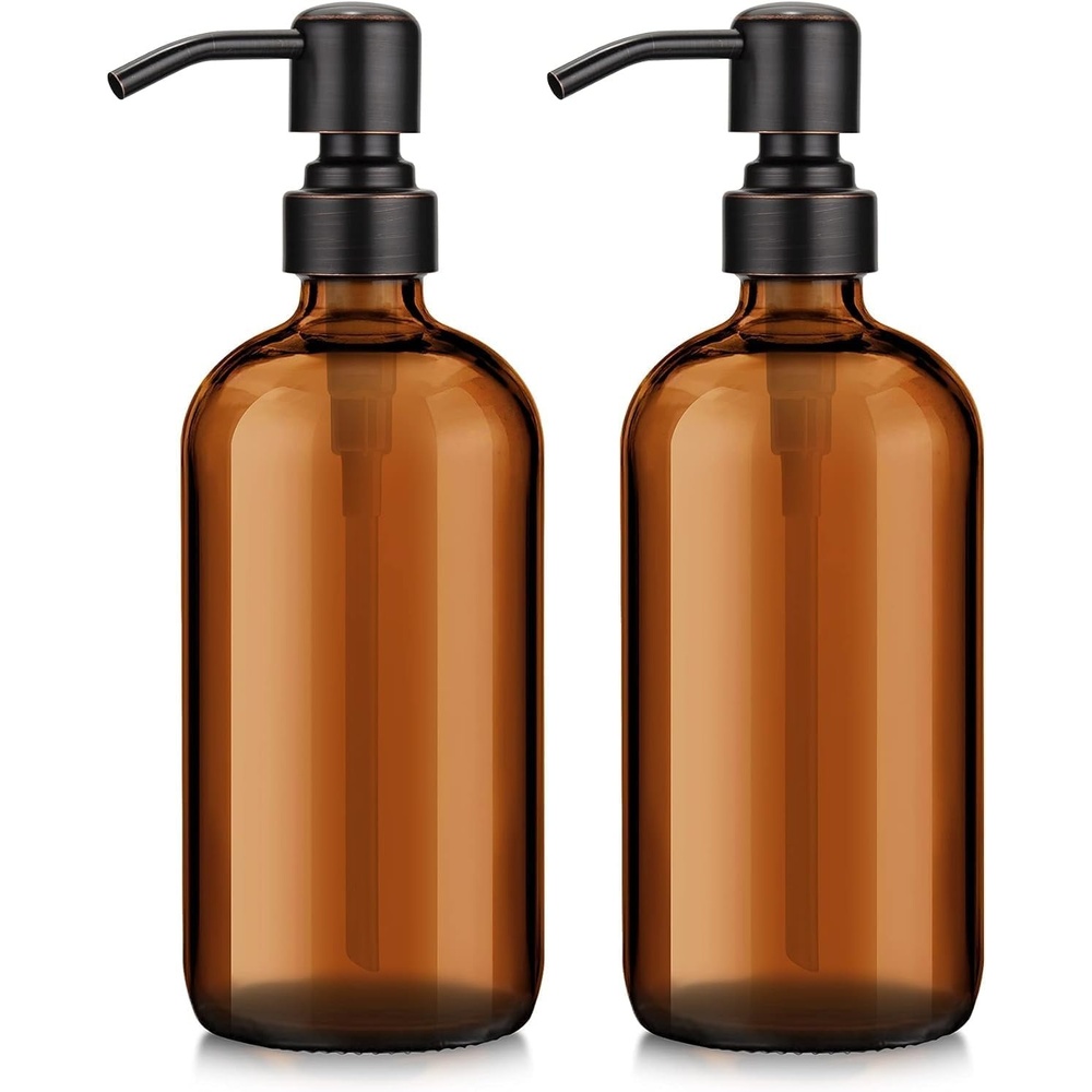 image:imageAmazerBath Soap Dispenser 2 Pack Green Glass Soap Dispenser with Pump Stainless Steel 142OZ Luxury Gold Hand Soap Bottles Bathroom KitchenBrown