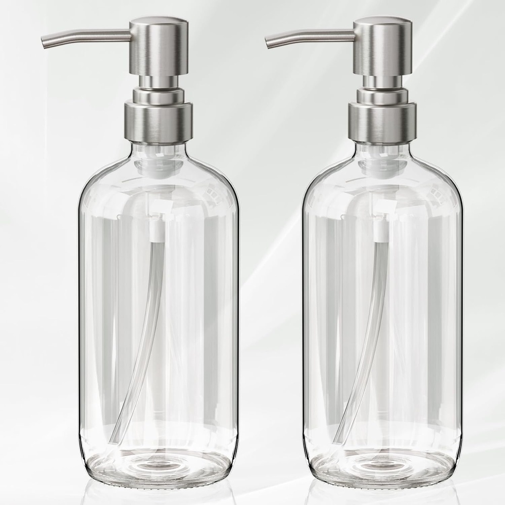 image:imageAmazerBath Soap Dispenser 2 Pack Green Glass Soap Dispenser with Pump Stainless Steel 142OZ Luxury Gold Hand Soap Bottles Bathroom KitchenBrushed Stainless Steel