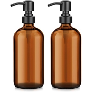 AmazerBath Soap Dispenser, 2 Pack Green Glass Soap Dispenser with Pump Stainless Steel, 14.2OZ Luxury Gold Hand Soap Bottles Bathroom Kitchen(Black&brown)