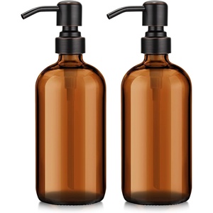 AmazerBath Soap Dispenser, 2 Pack Green Glass Soap Dispenser with Pump Stainless Steel, 14.2OZ Luxury Gold Hand Soap Bottles Bathroom Kitchen(Brown)