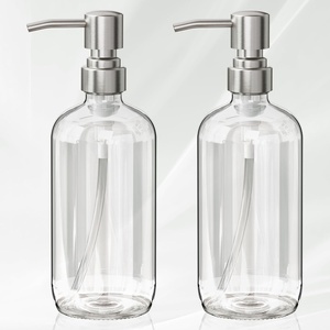 AmazerBath Soap Dispenser, 2 Pack Green Glass Soap Dispenser with Pump Stainless Steel, 14.2OZ Luxury Gold Hand Soap Bottles Bathroom Kitchen(Brushed Stainless Steel)