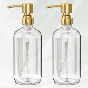 AmazerBath Soap Dispenser, 2 Pack Green Glass Soap Dispenser with Pump Stainless Steel, 14.2OZ Luxury Gold Hand Soap Bottles Bathroom Kitchen(Cear & Gold)